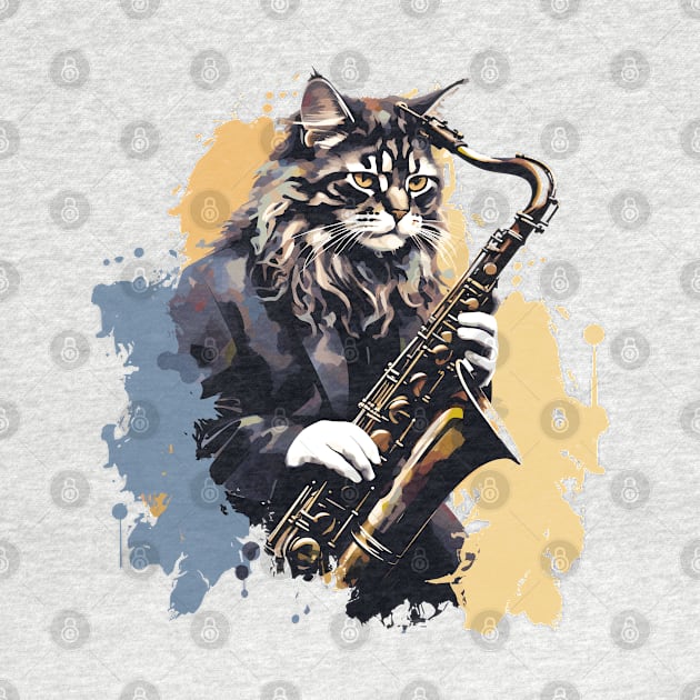 Maine Coon Cat Playing Saxophone by Graceful Designs